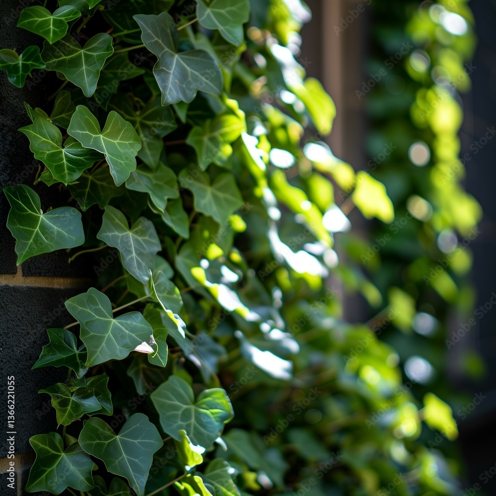 Obraz premium Climbing ivy leaves in natural light on dark wall