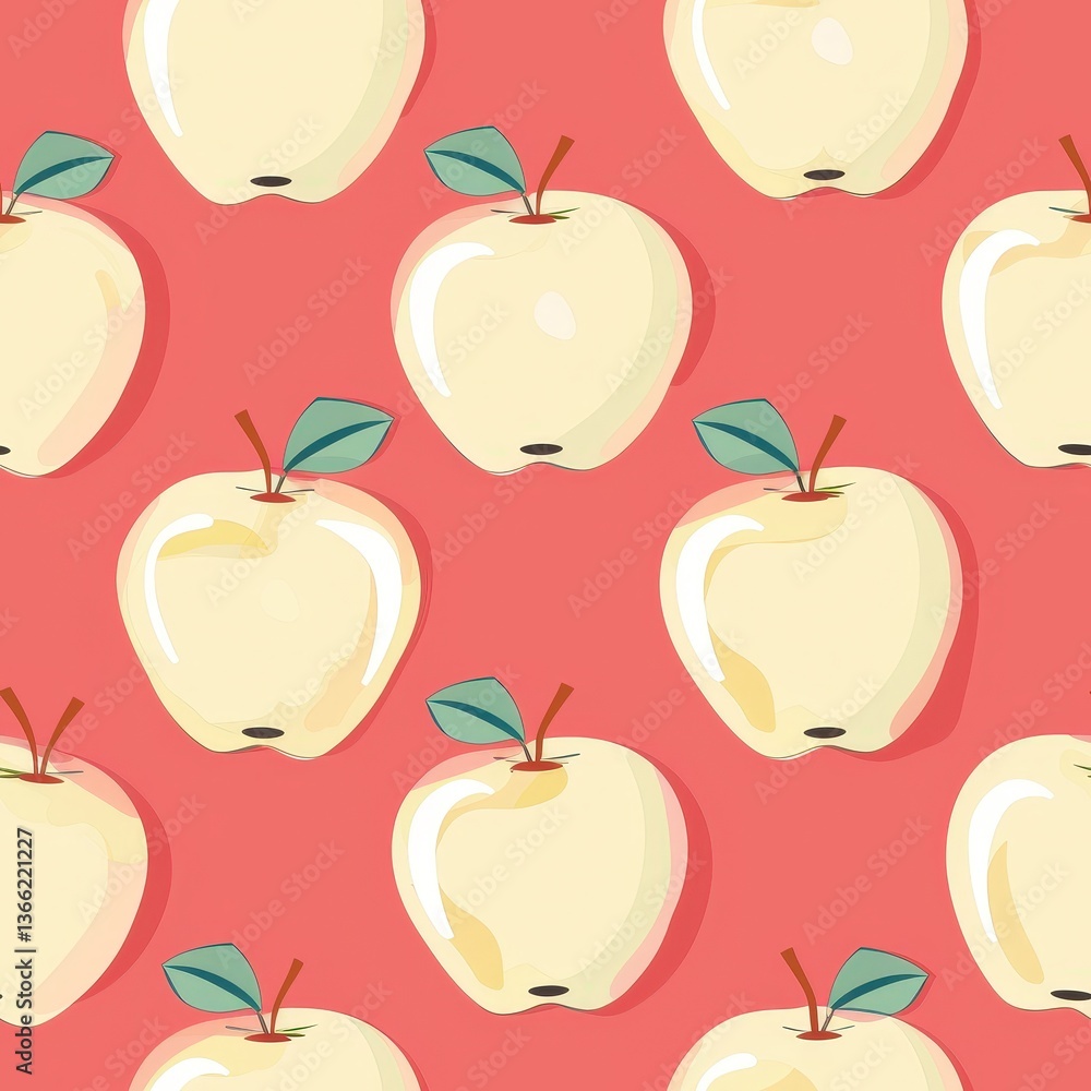 Seamless pattern of stylized yellow apples with leaves on a warm red background representing freshness and simplicity. Ideal for food packaging and health concepts Seamless pattern of stylized yellow apples with leaves on a warm red background representing freshness and simplicity. Ideal for food packaging and health concepts