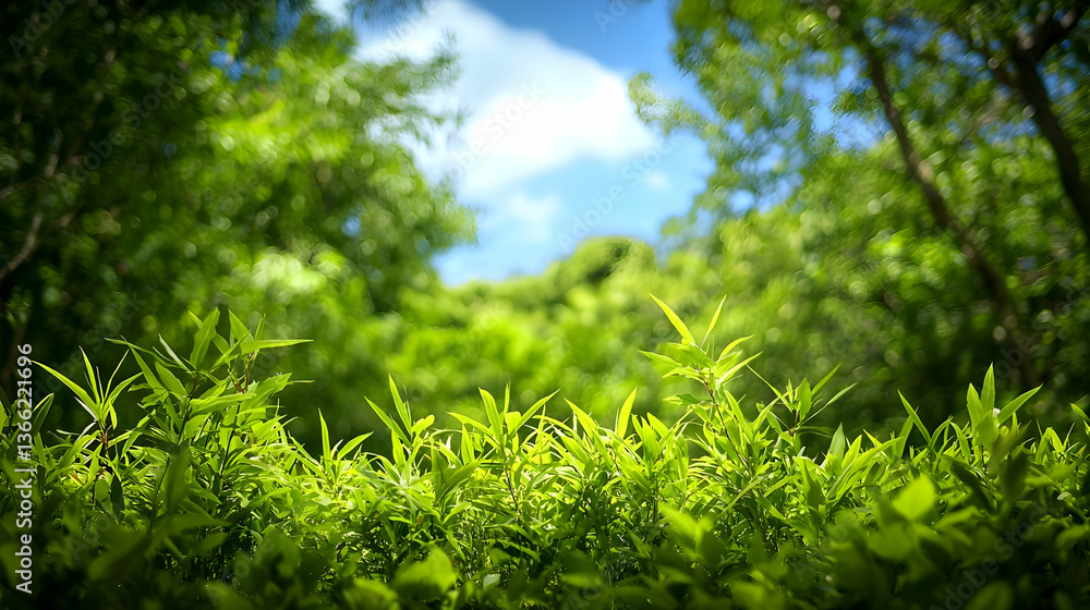 Lush Green Foliage in a Forest with Sunlight and a Blurred Background Lush Green Foliage in a Forest with Sunlight and a Blurred Background