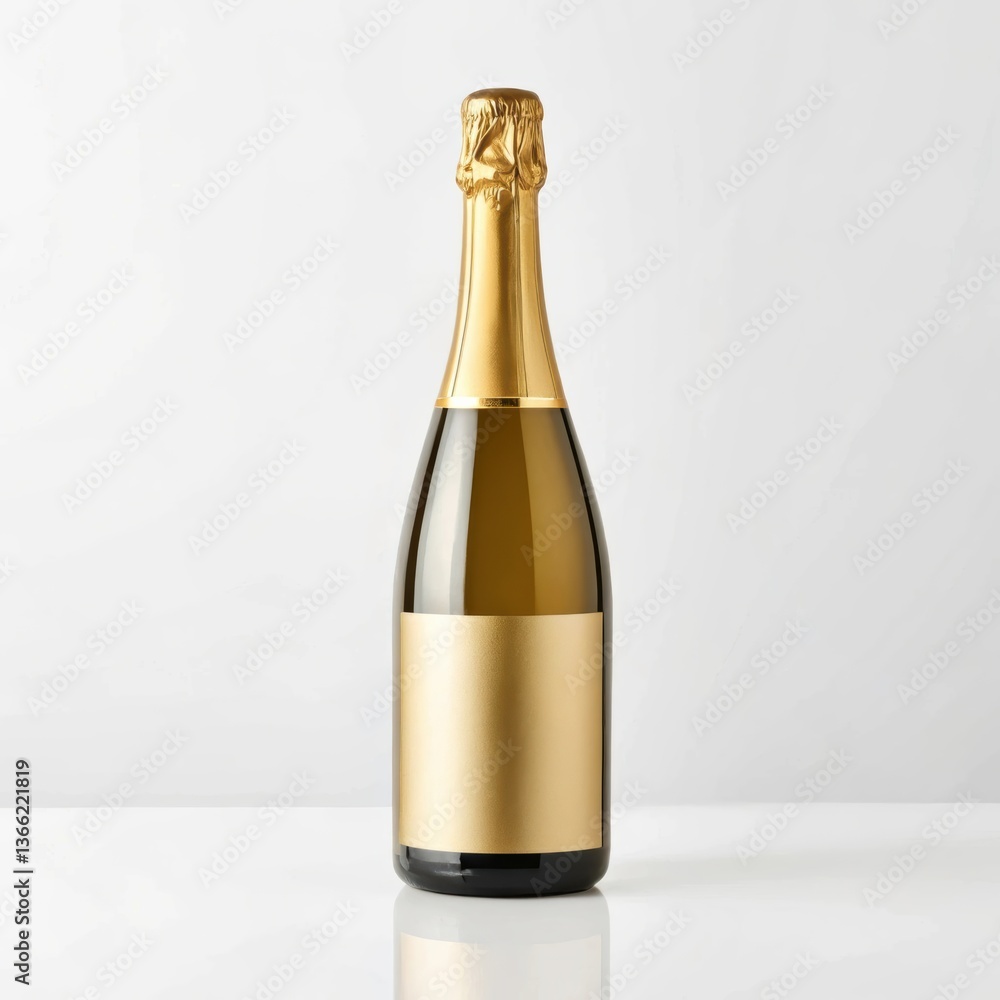 Elegant champagne bottle with gold foil and blank label on a light background with copy space Elegant champagne bottle with gold foil and blank label on a light background with copy space
