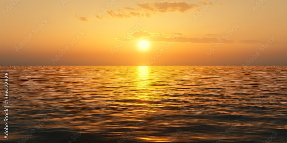 Obraz premium Golden tranquil sea reflecting a vibrant sunset with soft cloud accents