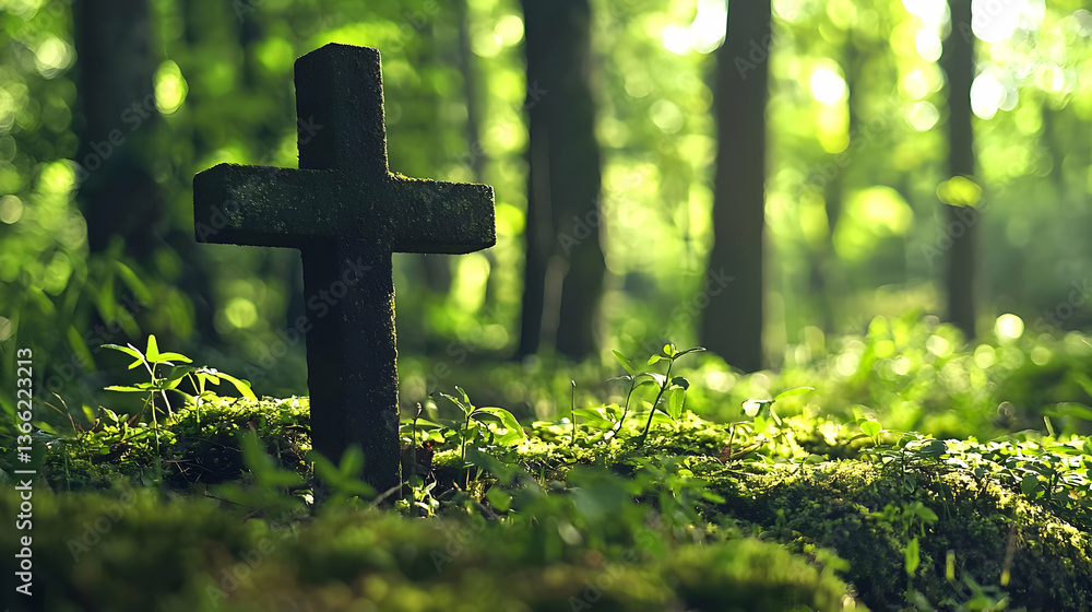 Weathered Stone Cross Standing Amongst Greenery In A Forest with Sunlight Filtering Through the Trees Weathered Stone Cross Standing Amongst Greenery In A Forest with Sunlight Filtering Through the Trees