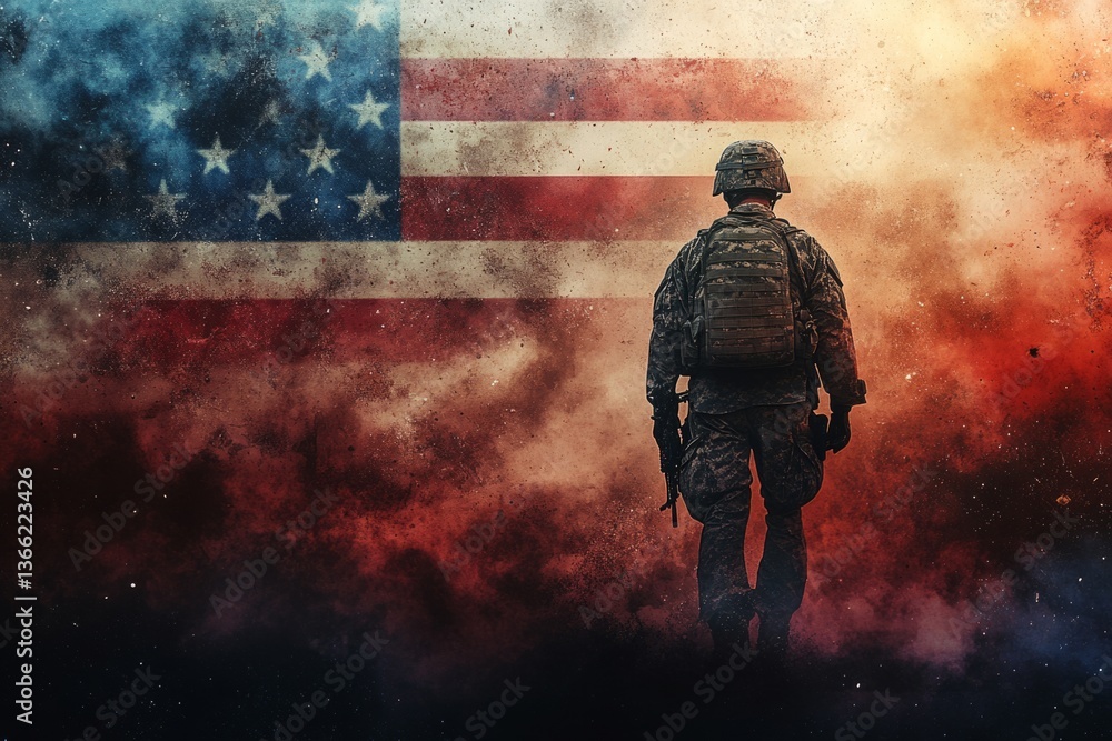 Fototapeta premium Us soldier walking away from the viewer with dramatic sky and american flag in the background