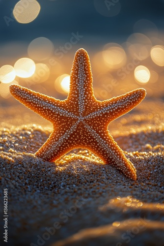 Starfish Resting on Sandy Beach With Glowing Bokeh Background During Sunset