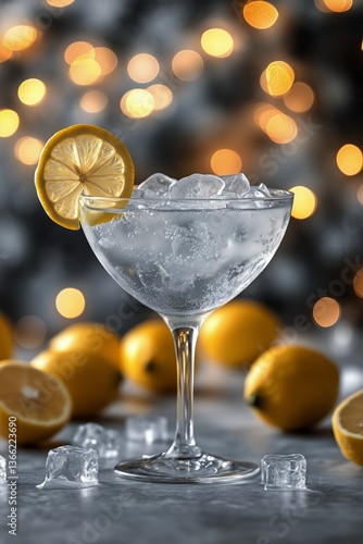 Refreshing Drink With Lemons Served in Elegant Glass Against a Vibrant, Blurr...