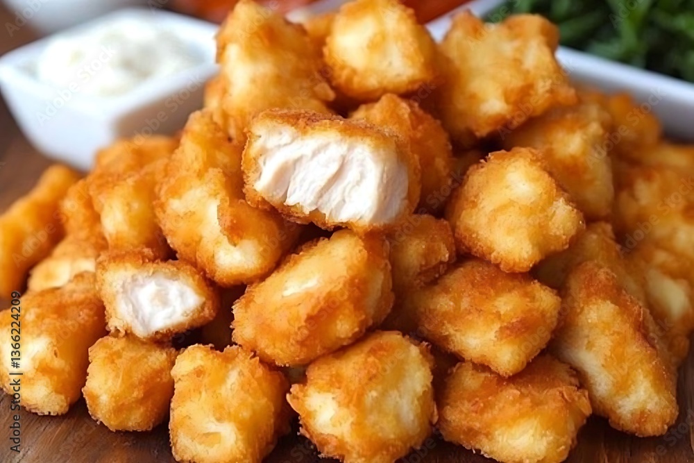 Close up of fried chicken nuggets on a wooden surface Close up of fried chicken nuggets on a wooden surface
