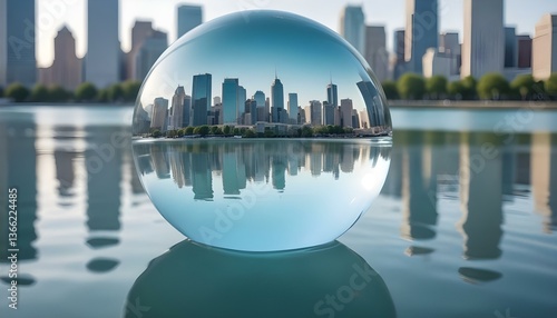 A captivating, wide-angle shot captures a crystal ball suspended just above the surface of a body of water, with a cityscape reflected within its spherical form