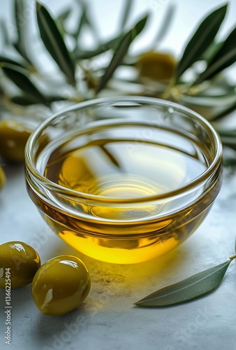High Quality Olive Oil Surrounded by Green Olives and Olive Leaves on a White...