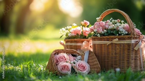 Rose Baskets Adorn a Sunny Garden Landscape in Springtime
