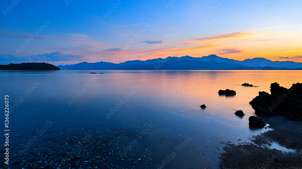 Fototapeta premium Sunset over Coastal Waters with Silhouetted Structures and Colorful Sky Reflection