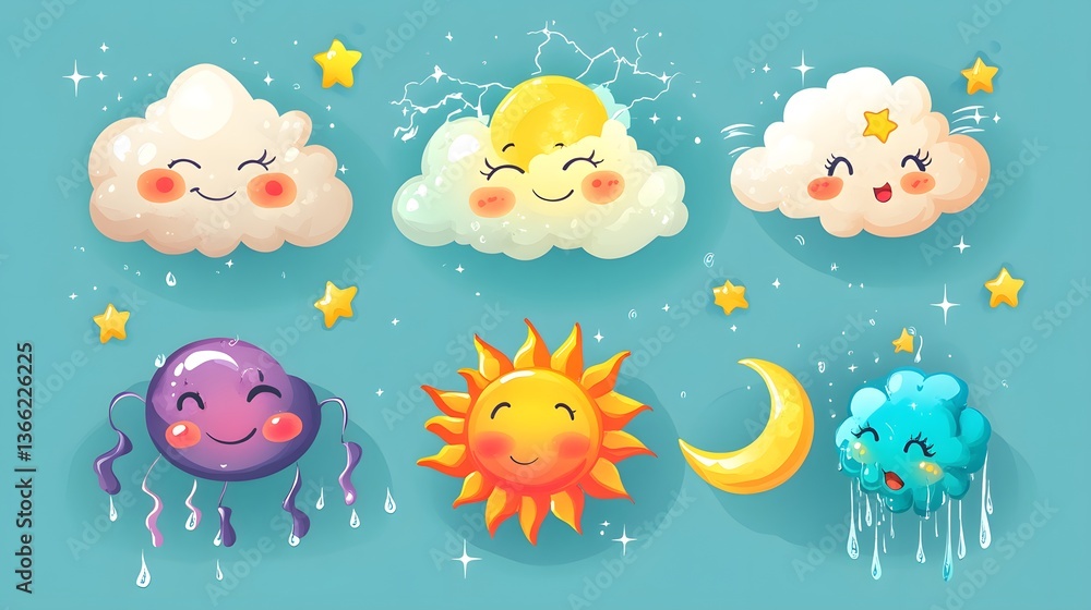 Whimsical Cartoon Weather Characters with Cheerful Sun and Fluffy Clouds Vector Illustration Whimsical Cartoon Weather Characters with Cheerful Sun and Fluffy Clouds Vector Illustration