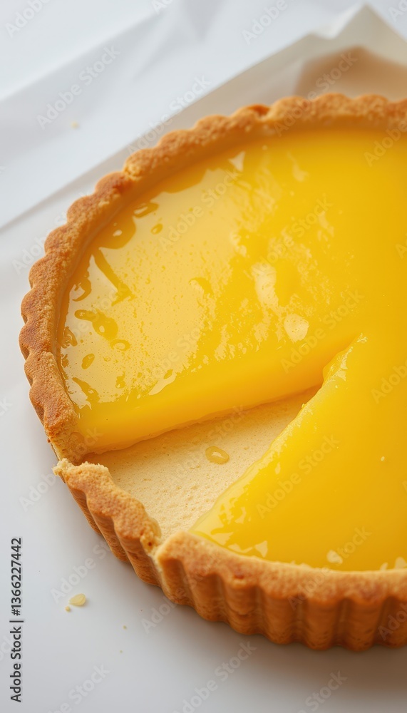 Lemon tart with a slice removed on a soft background Lemon tart with a slice removed on a soft background