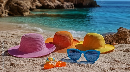 Colorful Hats and Sunglasses on Sandy Beach With Turquoise Water in Summer
