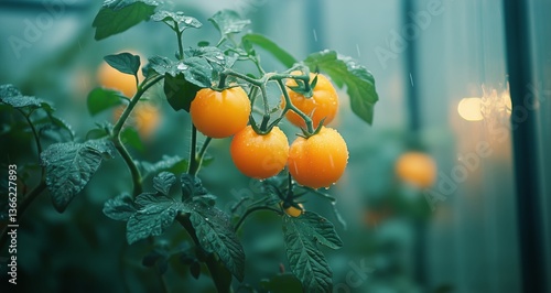 Fresh Red Tomatoes Growing in a Greenhouse During Golden Hour Light
