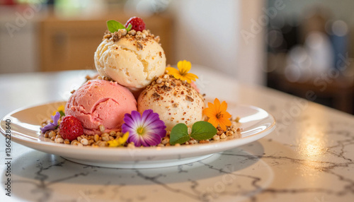 Artistic gourmet ice cream dessert with edible flowers, culinary delight