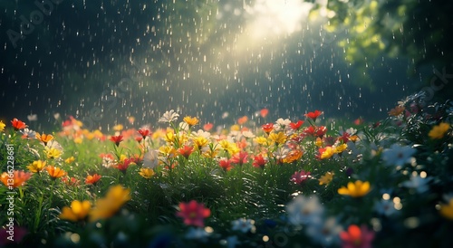 Vibrant Flowers Blooming Under Light Rain in a Lush Meadow With Mountains in ...