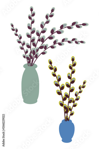 Bouquets of spring willow branches with fluffy buds in vases