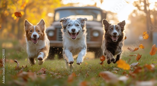 Three Happy Dogs Run Through Autumn Leaves in a Sunny Park Near an Old Truck