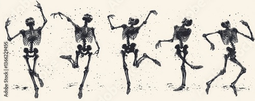 Halloween dancing spooky skeletons in halftone pattern, different funny poses. Human bones as ballerina in dotted texture.  illustration in grungy festival
