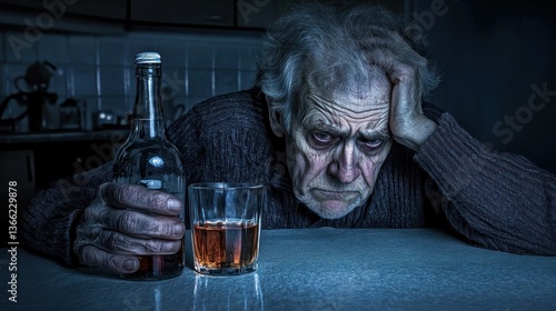 The Solitude of Alcoholism: A poignant portrait of an elderly man grappling with alcohol addiction, his weathered face reflecting years of struggle and despair.
