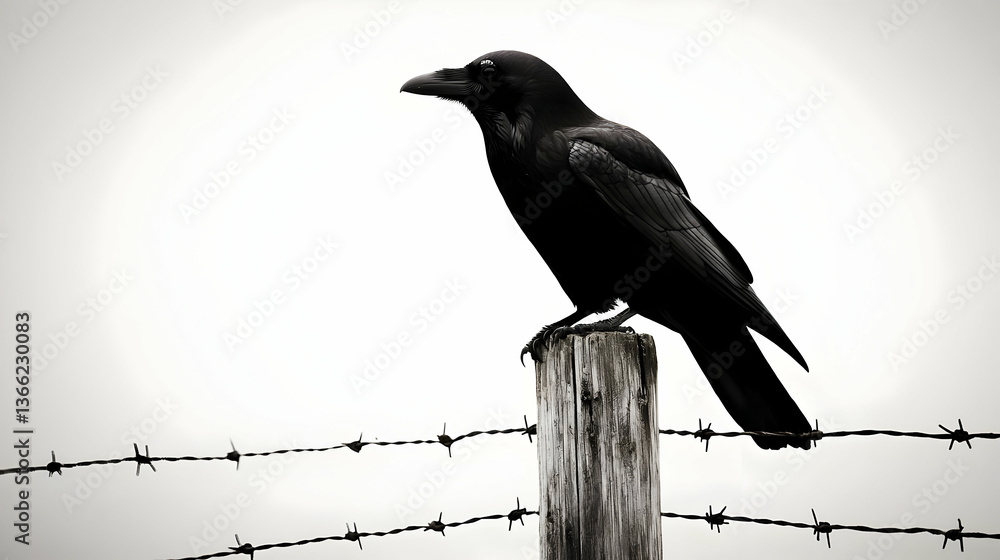 Fototapeta premium Black Raven Perched On Wooden Post With Barbed Wire Fence