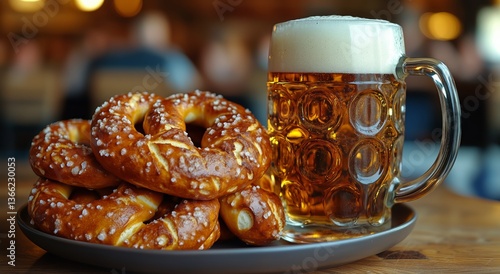 Enjoying Pretzels and Beer at a Cozy Brewery During an Afternoon Gathering Wi...
