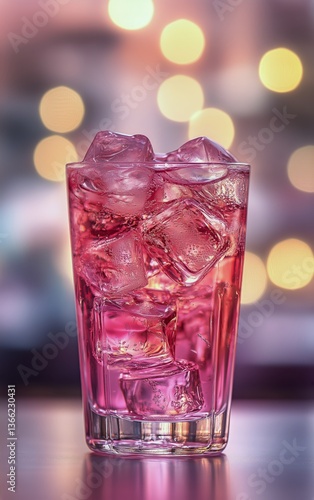Refreshing Pink Beverage With Ice Cubes on a Vibrant Evening Background
