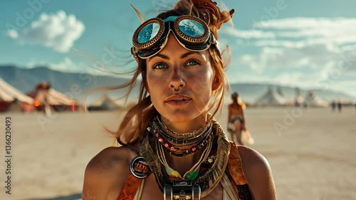 A woman with goggles and intricate jewelry stands serenely in a desert festival landscape.
Concept of Embracing the unusual.
