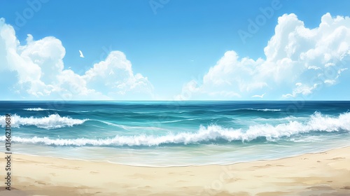 Serene Summer Beach Scene Peaceful Ocean Waves Blue Sky Sunny Day Tropical Paradise Coastal Landscape Tranquil Seascape Idyllic Vacation Background   