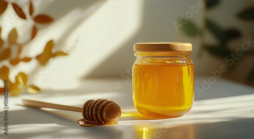 Golden Honey in a Jar With Wooden Dipper Illuminated by Morning Sunlight