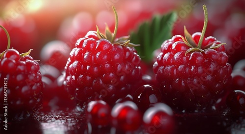 Fresh Juicy Raspberries Glistening in Soft Natural Light on a Wooden Surface