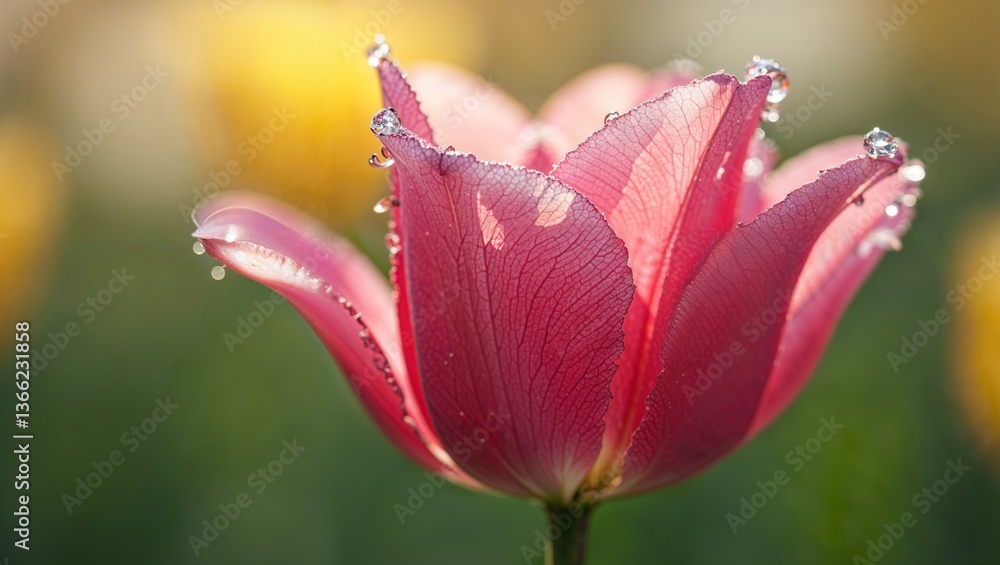 Close-up of a vibrant pink tulip with sparkling dew drops on its petals Close-up of a vibrant pink tulip with sparkling dew drops on its petals