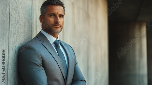 Professional Man in Business Suit Poses Confidently in Modern Architectural S...
