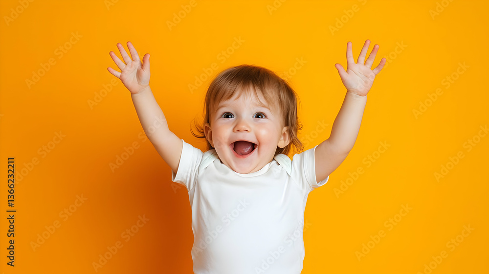 Happy Baby With Upraised Arms Against Bright Orange Background Happy Baby With Upraised Arms Against Bright Orange Background