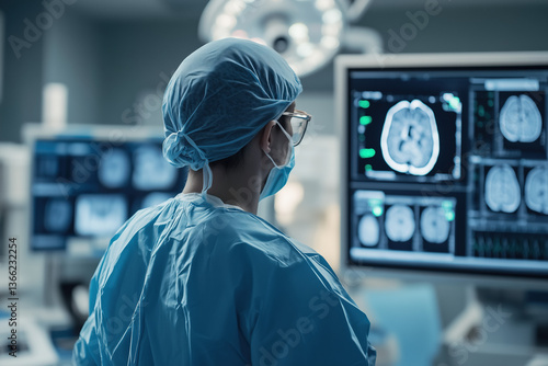 Surgeon Performing Brain Surgery in Operating Room, Analyzing Brain Scans to Diagnose and Treat Critical Neurological Conditions