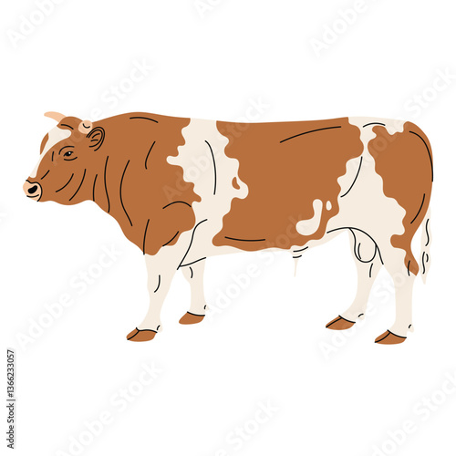 Flat vector illustration of a bull in a simple cartoon style. Strong and bold farm animal, perfect for nature-themed and agricultural designs. Presented on a white background with minimal stylization.