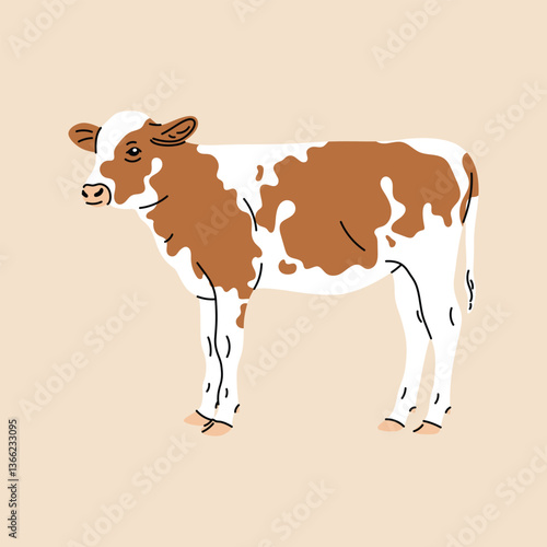 Flat style vector illustration of a calf. Cute and gentle design of a baby farm animal, drawn in a minimal and soft cartoon style. Ideal for farm-themed visuals, nature graphics, and educational use.