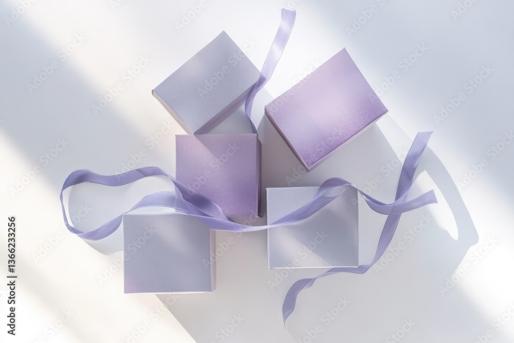 Fototapeta premium Lilac gift boxes with ribbons, arranged artfully on a white background, bathed in sunlight.