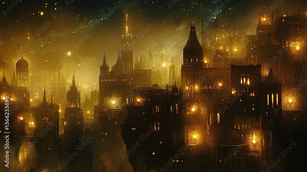 Fototapeta premium Dystopian Metropolis with Dark Skies and Flickering Lights