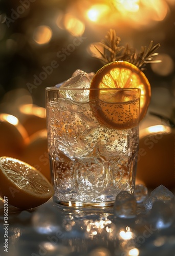 Refreshing Citrus Cocktail With Ice and Oranges on a Bright Background During...