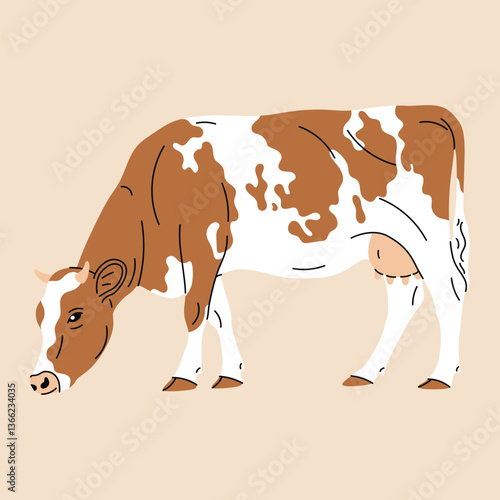 Flat cartoon illustration of a cow simple, minimal style. Isolated background, farm domestic animal. Kids materials, farm-themed projects, web use, print, spring designs, stickers, icons, spotted, art