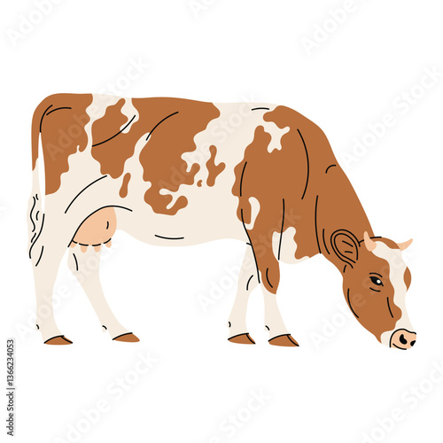 Flat cartoon illustration of a cow simple, minimal style. Isolated on a white background. Kids materials, farm-themed projects, web use, print, spring designs, stickers, icons, farm domestic animal. 