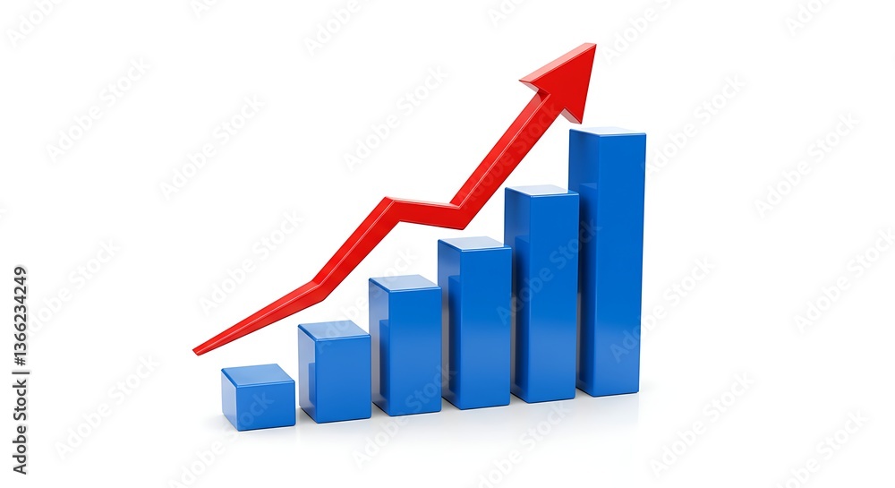 3D Blue Bar Graph with Red Rising Arrow 3D Blue Bar Graph with Red Rising Arrow