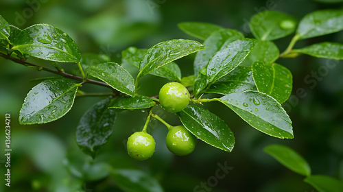 Wallpaper Mural Close Up of Green Leaves and Berries on a Branch After Rainfall Torontodigital.ca
