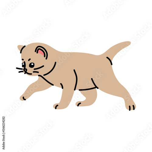 Vector illustration of a kitten in flat style. Simple and adorable design on a white background. Сhildren’s books, web design, stickers, clean farm animal clipart, spring graphics, domestic pets, icon