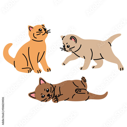 Flat style vector illustration of three kittens. Minimal cartoon design on white background. Pet icons, baby cute animals, kids content, farm animals, spring, home-themed projects, stickers, print art