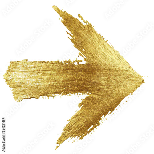 A textured arrow points right brushed with metallic gold isolated on transparent background