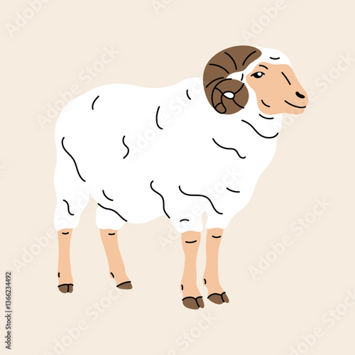 Flat vector illustration of a ram with stylized curved horns. Simple and clean cartoon design on isolated background. Farm themes, livestock visuals, nature-related graphics, stickers, kids materials.