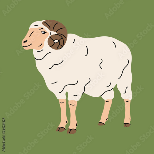 Flat vector illustration of a ram with stylized curved horns. Farm themes, livestock visuals, nature-related graphics, stickers, kids materials. Simple and clean cartoon design on isolated background.