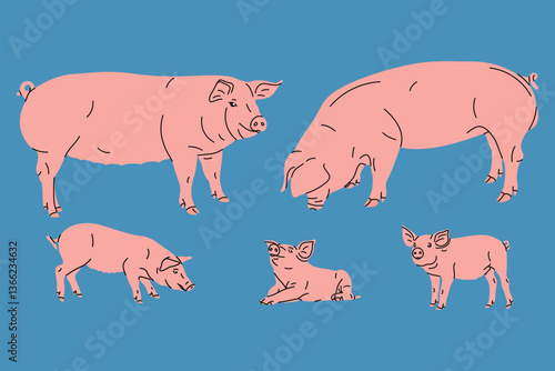 Flat style vector illustration of a pig, sow, and three piglets. Simple cartoon design, colored background. Children’s books, farm projects, spring themes, sticker, icon, domestic animal family, art.